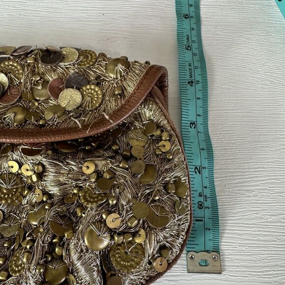 Anthropologie Lucky Penny Beaded Bag Gold Sequin Wristlet Clutch Coin Mini - Picture 10 of 10
